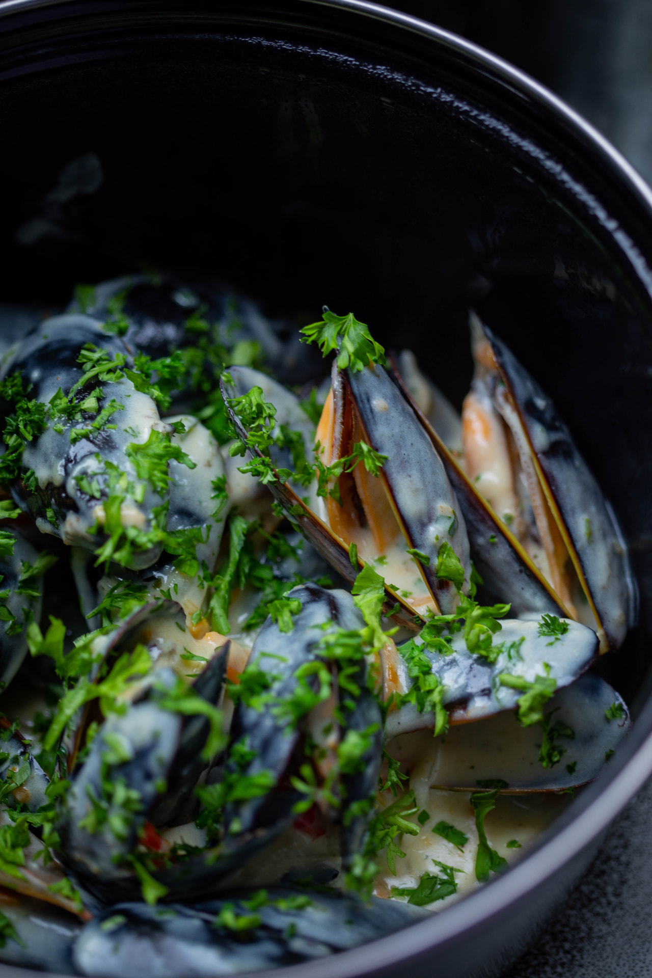 Pan with fresh mussels in cream sauce and parsley